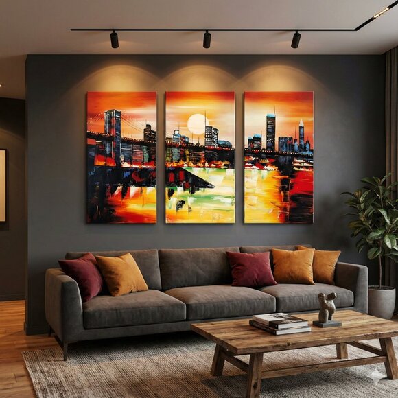 Handmade Other - Large Abstract NYC Skyline Triptych - 3 Panel Canvas Wall Art 48x32 - New York